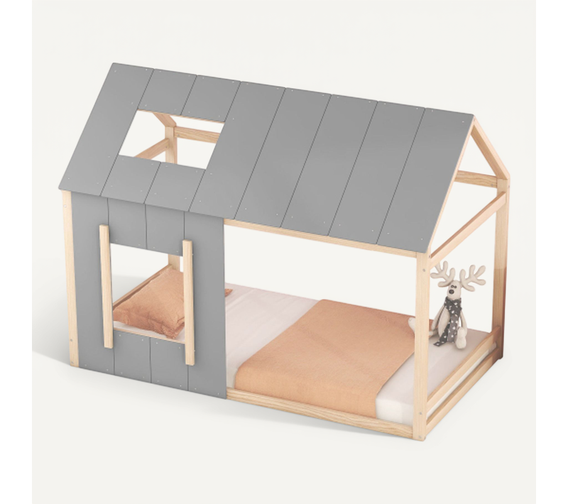 Lit Cabane Enfant 90x200 Cm Avec Toit Et Fenêtre, Couleur Bois Et Gris