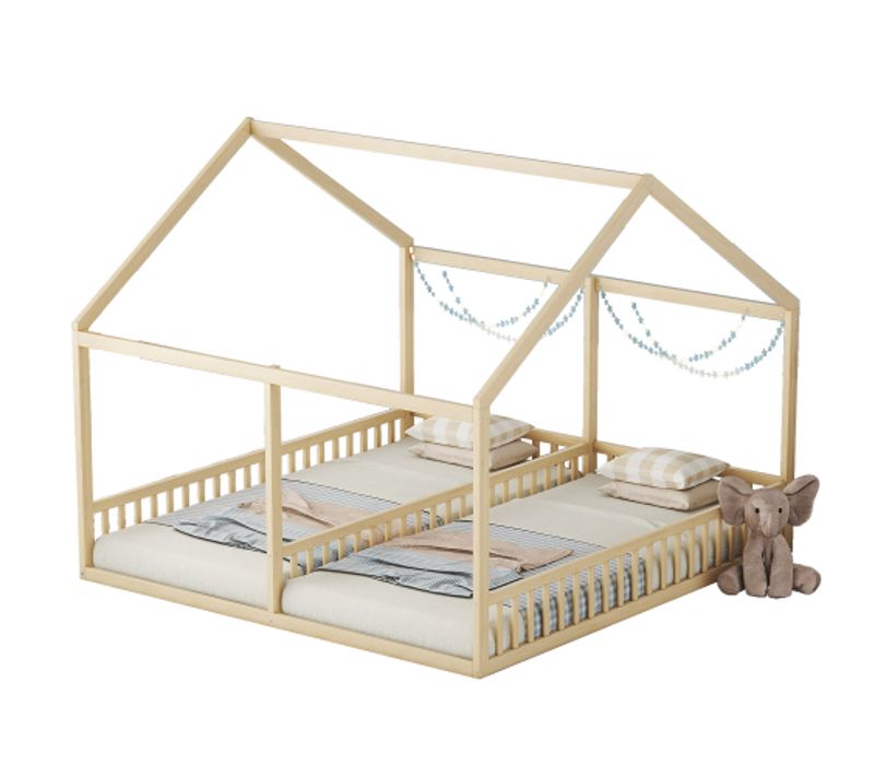 Lit Cabane 90x200, Lit Enfant Pour 2 Personnes, Lattes Inclus, Couleur Bois