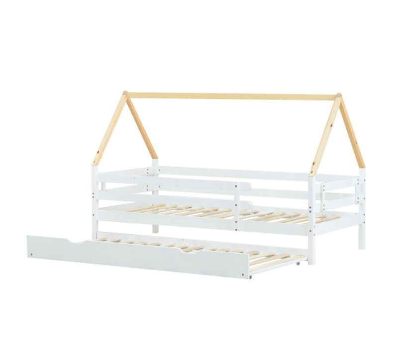 Lit Cabane 90x200 Cm, Lit Enfant, Lit Gigogne 90x190 Cm Avec Roulettes En Dessous, Blanc