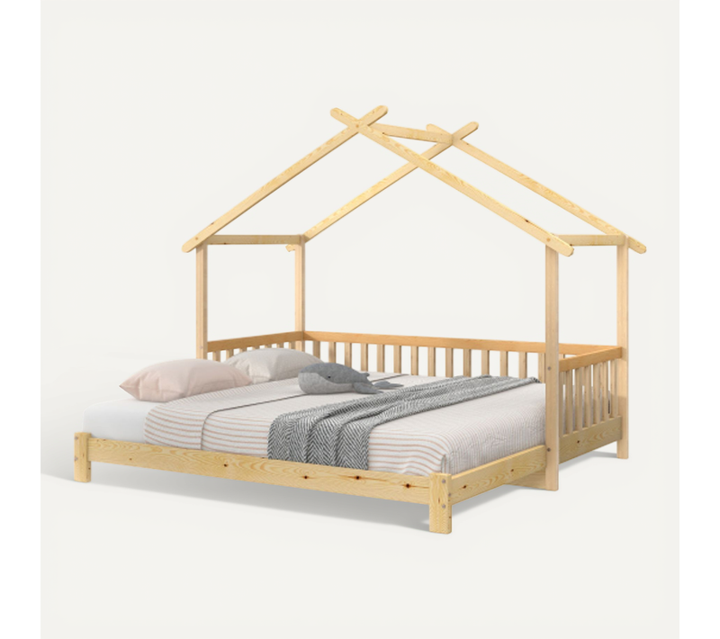 Lit Cabane 90x200 Cm, Lit Enfant Extensible Avec Sommier à Lattes, En Bois, Couleur Bois