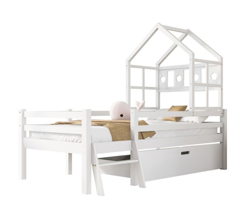 Lit Cabane 90x200 Cm, Lit Enfant Avec Tiroirs Et Échelle, Sommier à Lattes Inclus, Blanc