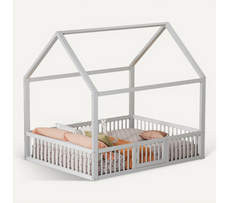 Lit Cabane 140x200 Cm, Lit Enfant Avec Clôtures Et Porte, Blanc