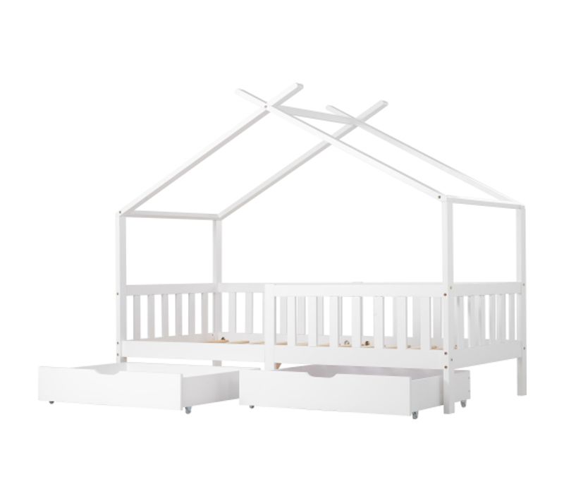 Lit Cabane 90x200 Cm, Lit Enfant Avec 2 Tiroirs Et Sommier à Lattes, Blanc