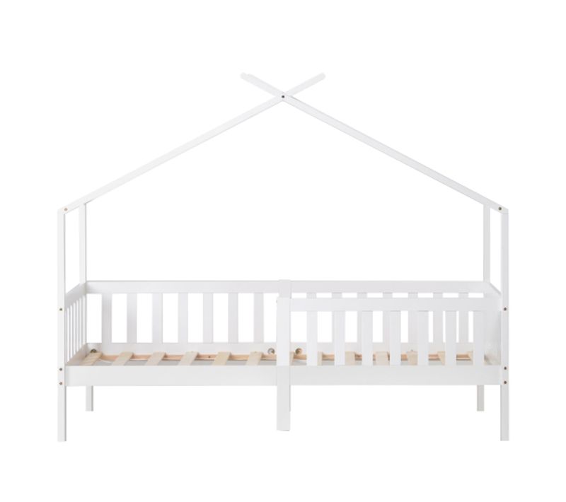 Lit Cabane 90x200 Cm, Lit Enfant Avec Clôture Et Sommier à Lattes, Blanc