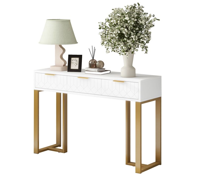 Table Console Avec 3 Tiroirs Blanc Et Doré, Pieds Réglables Et Poignées, 120x36x80cm