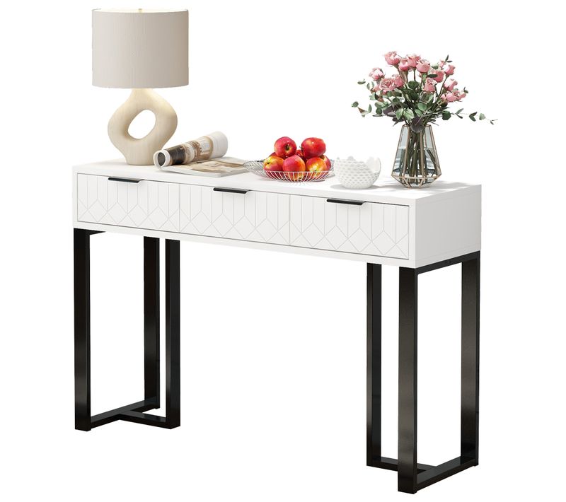 Table Console Avec 3 Tiroirs Blanc Et Noir, Pieds Réglables Et Poignées, 120x36x80cm
