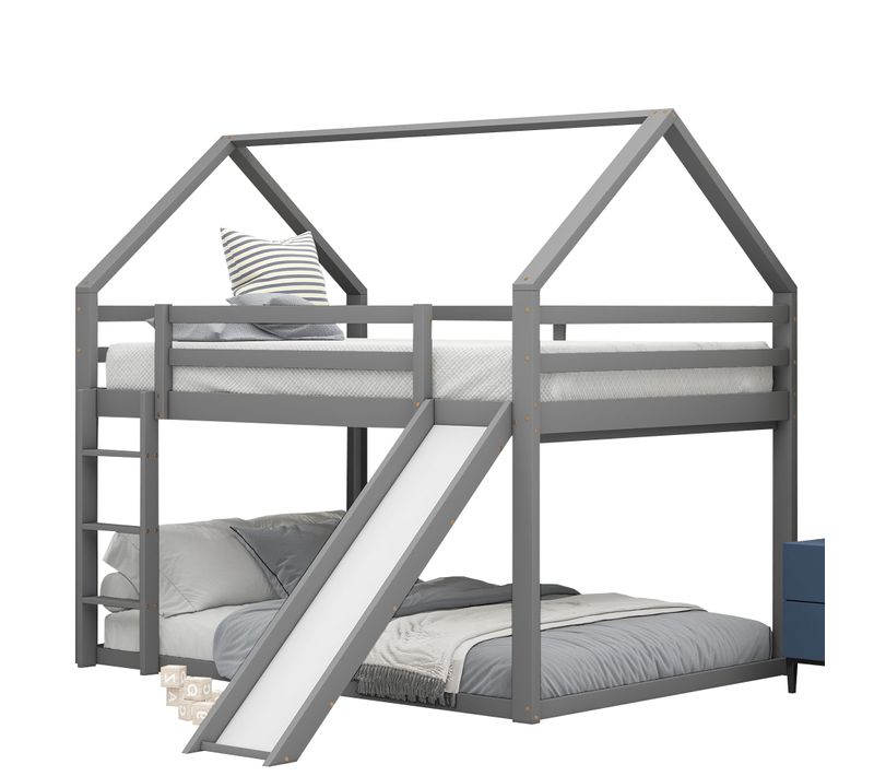 Lit Superposé Cabane 140x200cm 2 Places Avec Toboggan Et Échelle, En Pin, Gris