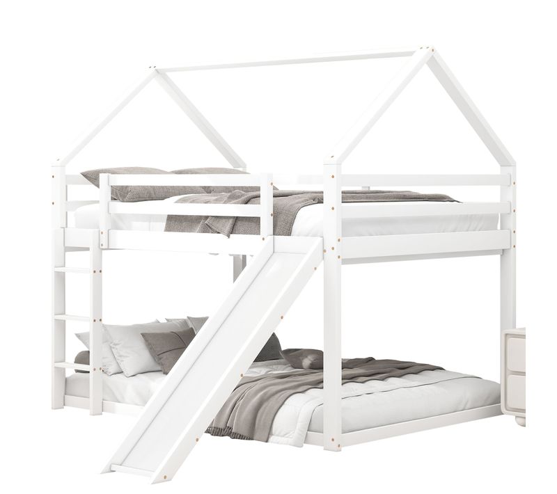 Lit Superposé Cabane 140x200 Cm Avec Toboggan Et Échelle, 1 Sommier, Bois, Blanc