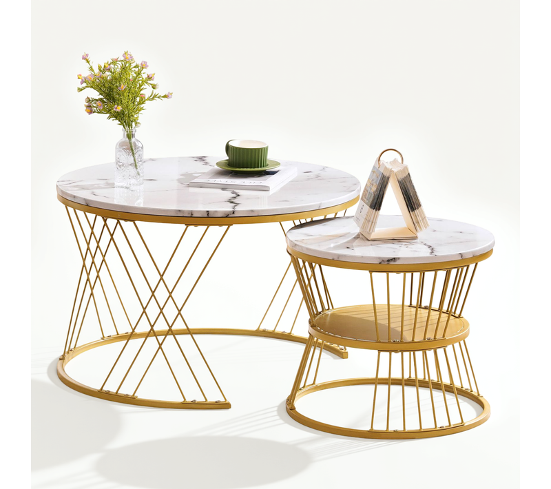 Tables Basses Gigognes Modernes, Tables D'appoint Rondes Motif Marbre, Ensemble De 2 Blanc