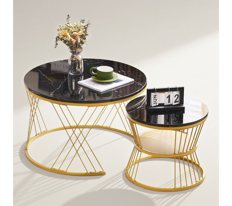 Table Basse Gigogne Moderne, Ensemble De 2 Tables Basses Haute Brillance, Cadre Doré