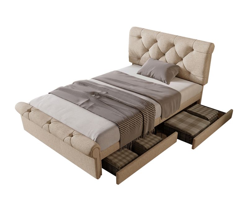 Lit Complet 90x200cm, Cadre De Lit Avec 2 Tiroirs De Rangement, Lin, Couleur Naturel