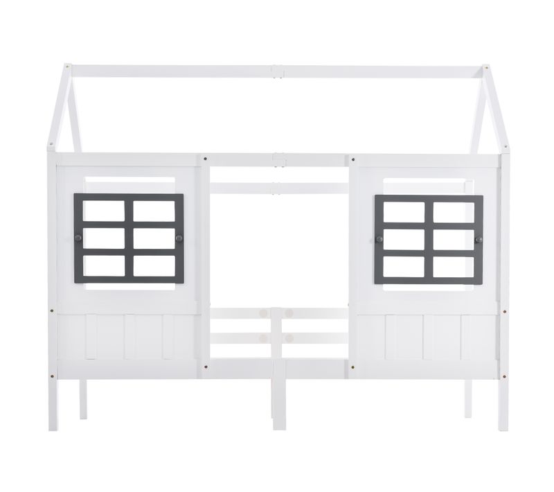 Lit Cabane, Lit Simple, Lit De Repos, Lit Enfant Avec 2 Fenêtres, Cadre En Pin, Mdf, Blanc 200x90cm
