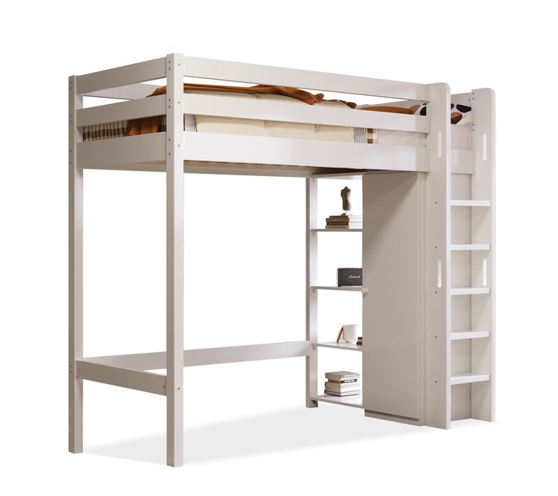 Lit Mezzanine Enfant 90x200 Cm, Cadre De Lit Simple Avec Armoire Et 6 Étagères, Blanc