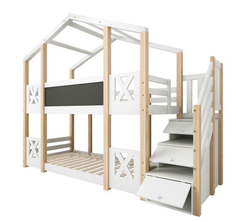 Lit Superposé Cabane 90x200cm Avec Escalier De Rangement Et Sommiers, Bois, Naturel Et Blanc