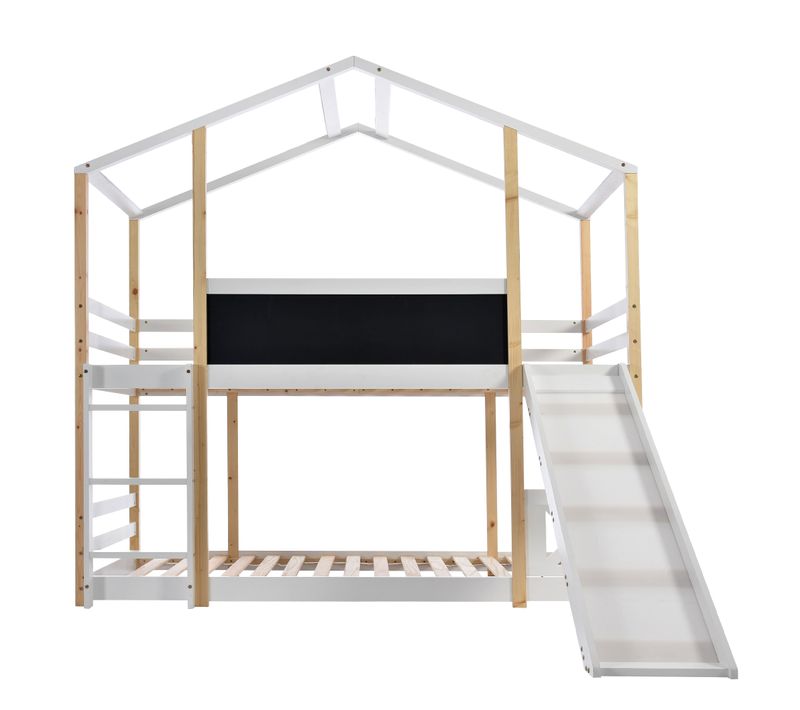 Lit Superposé Enfant 90x200cm Avec Toboggan Et Échelle, En Bois, Naturel Et Blanc