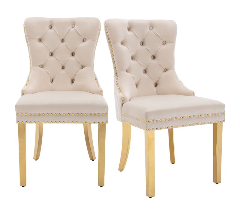 Lot De 2 Chaises De Salle à Manger En Velours, Avec Clous Et Pieds En Acier Doré, Beige