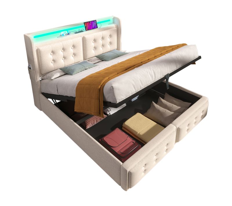 Lit Coffre Adulte 160x200cm, Lit Double Avec LED, Prises Et USB,type-c, Coton Et Lin, Beige