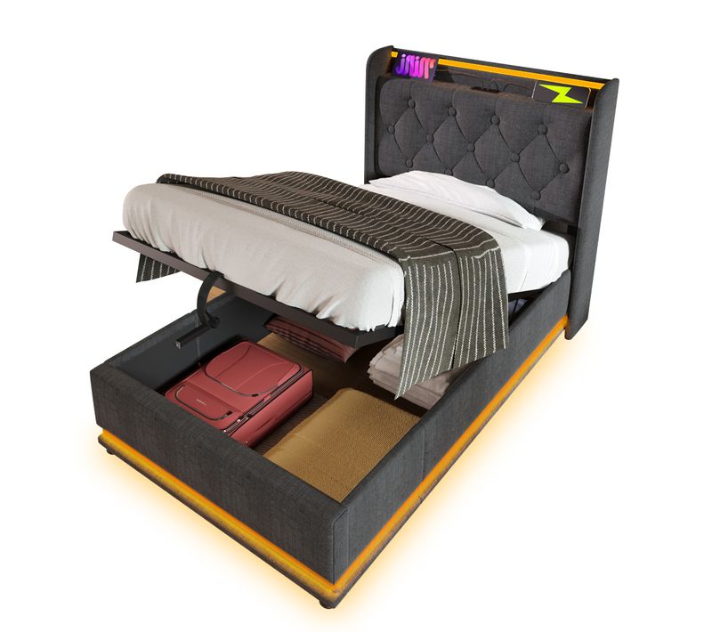 Lit Coffre Enfant 90x200cm, Lit Simple Avec LED, USB,type-c Et Sommier, Lin, Gris