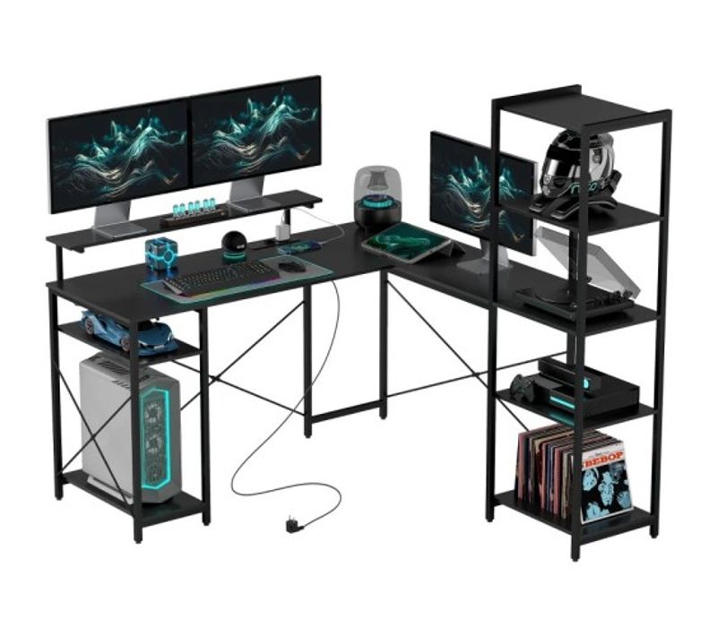 Bureau D'ordinateur, Bureau D'angle, Avec 6 Étagères, Pour Bureau à Domicile, Bureau, Noir