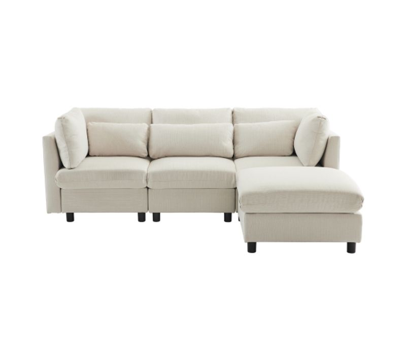 Canapé 3 Places, Canapé D'angle En L Avec Repose-pieds, Tissu En Lin, Beige