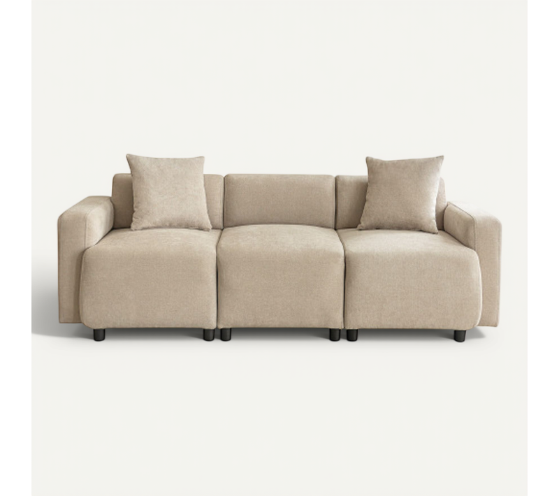 Canapé 3 Places, Canapé Droit Avec Accoudoirs Arrondis, 2 Coussins, Dossier Bas, Beige