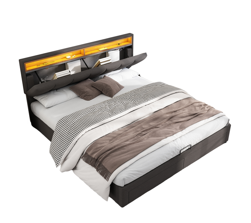 Lit Coffre LED 160x200cm, Lit Adulte Avec Tiroirs Et Tête De Lit Réglable Avec Rangement, Lin, Gris