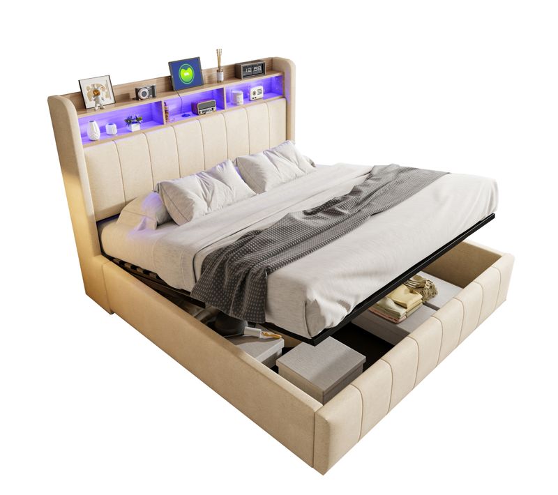 Lit Coffre Adulte 160x200cm, Tête De Lit Avec LED, Port USB Et Sommier, Lin, Beige