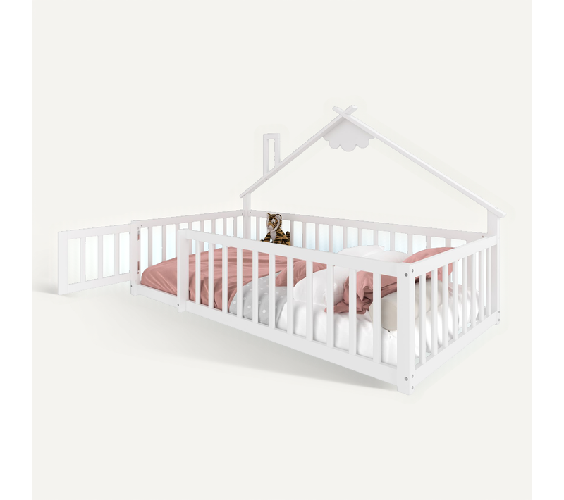 Lit Cabane Enfant 90x190cm Avec Sommier, Barrières Et Petite Porte, Lit Au Sol, En Pin Blanc