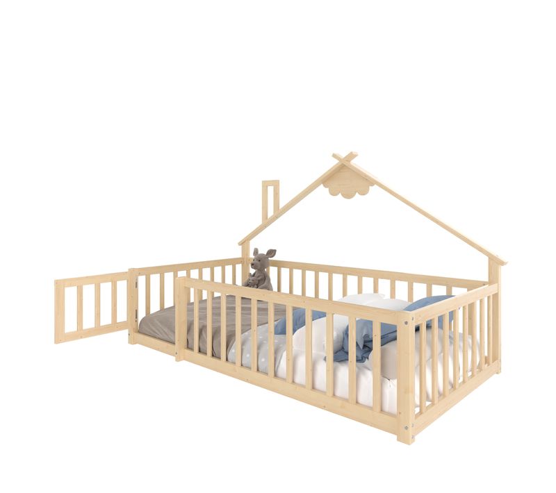 Lit Cabane Enfant 90x190cm Avec Sommier, Barrières Et Petite Porte, Lit Au Sol, Pin, Naturel