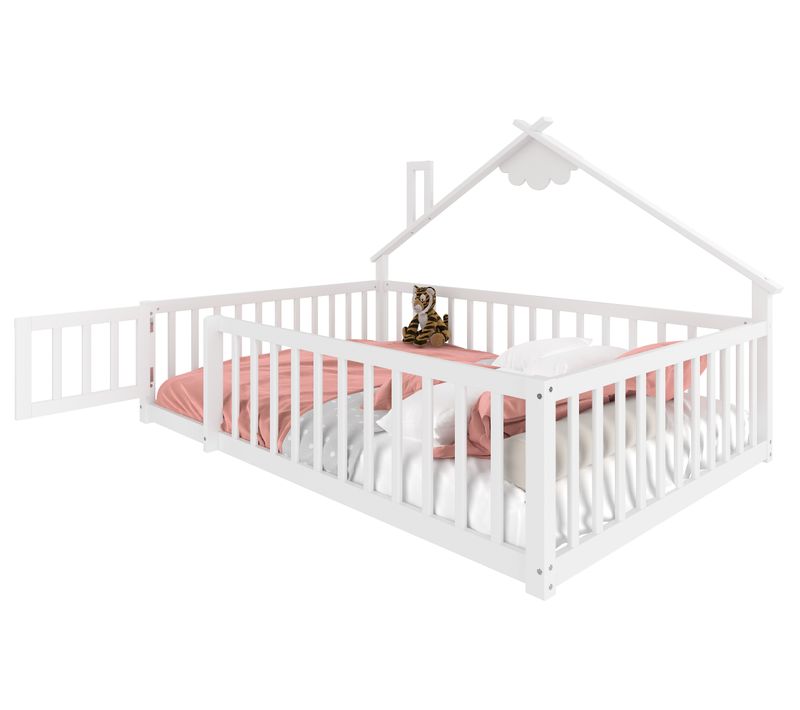 Lit Cabane Enfant 140x190cm Avec Sommier, Barrières Et Petite Porte, Lit Double Au Sol, Pin, Blanc