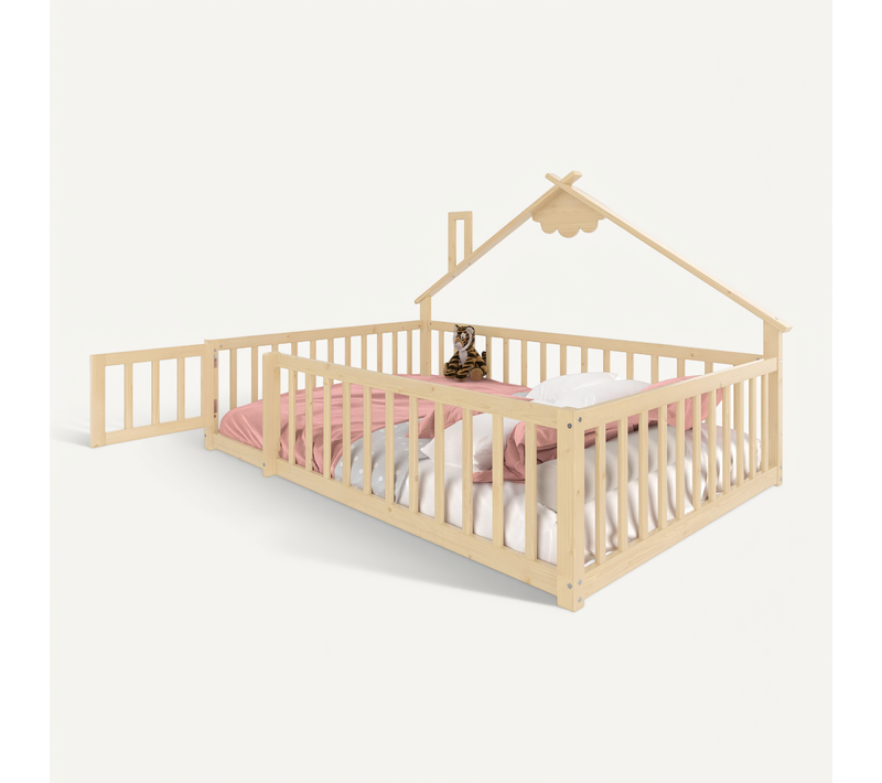Lit Cabane Enfant 140x190cm, Sommier, Barrières Et Petite Porte, Lit Double Au Sol, Pin, Naturel