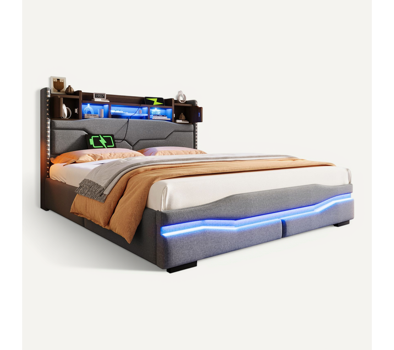 Lit Coffre Adulte 160x200cm Avec LED, Tête De Lit Réglable Avec Rangement Et Port USB-c, Lin, Gris