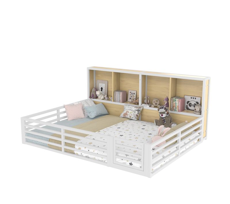 Lit Enfant Double 140x200cm, Lit Au Sol Avec LED Et Rangement, Barrières Et Petite Porte, Mdf Blanc