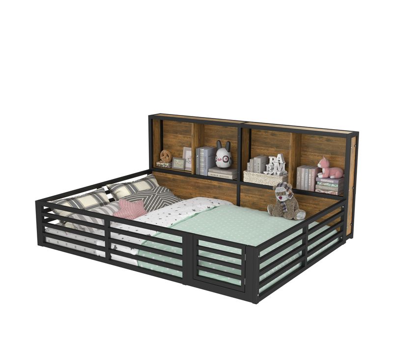 Lit Enfant Double 140x200cm, Lit Au Sol Avec LED Et Rangement, Barrières Et Petite Porte, Mdf Noir