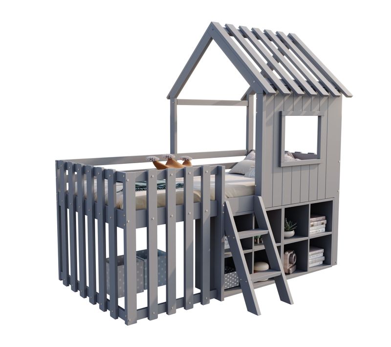 Lit Cabane Enfant 90x200cm Mi-haut En Bois Avec Toit, Fenêtres, Escalier Et Rangements – Gris