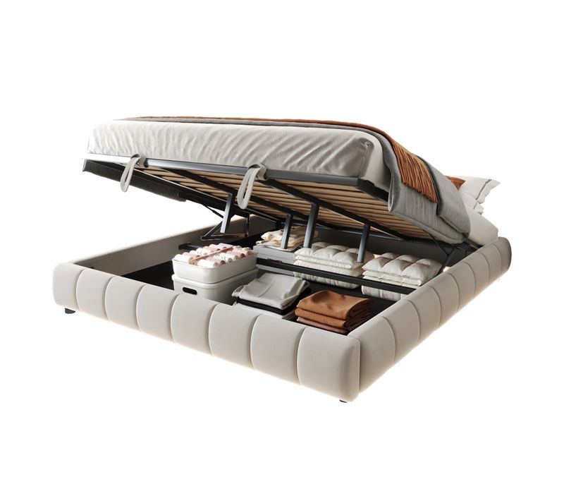 Lit Coffre Adulte 180x200cm Avec LED Et Sommier, Lit Bas Avec Cadre Flottant, Velours, Beige