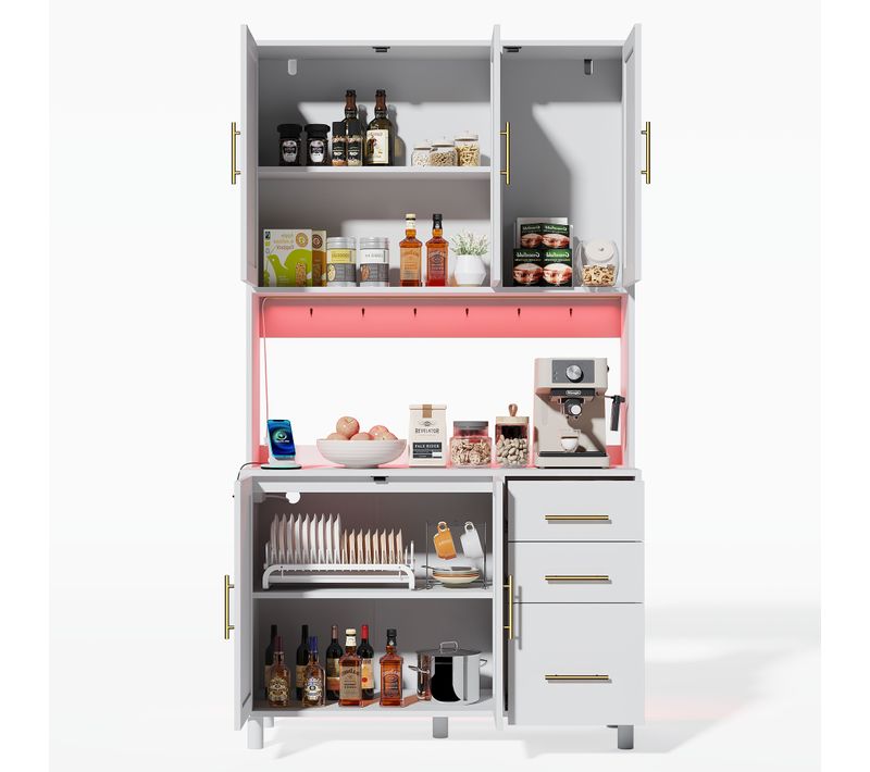 Buffet De Cuisine Haut.183cm Blanc En Rotin Avec LED, Prises, Étagères Réglable Et Tiroirs