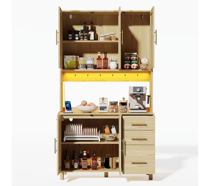 Buffet De Cuisine Haut.183cm Naturel En Rotin Avec LED, Prises, Étagères Réglable Et Tiroirs