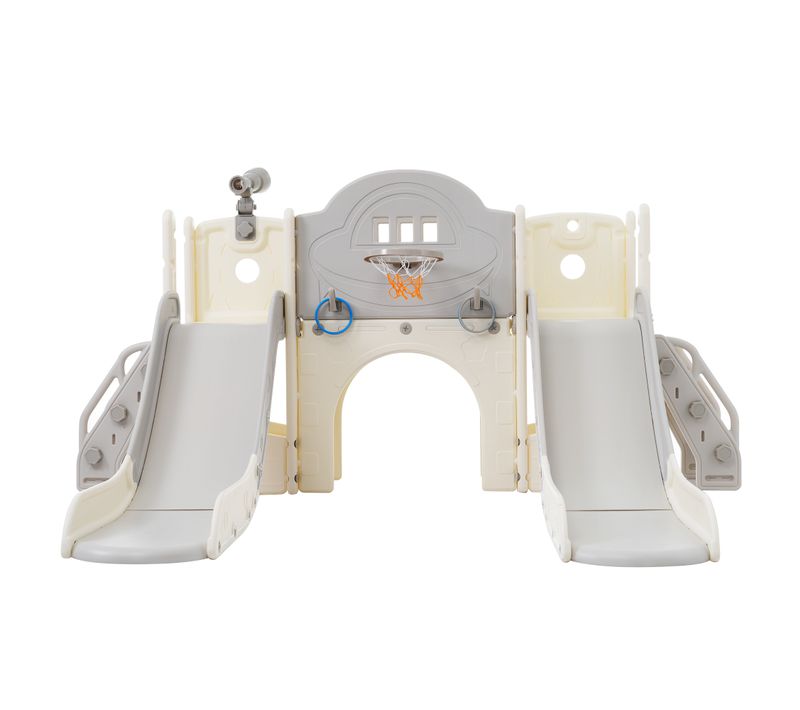 Aire De Jeux Enfant 8 En 1 Avec 2 Toboggans, Lasso, Panier De Basket, Téléscope Et Rangement