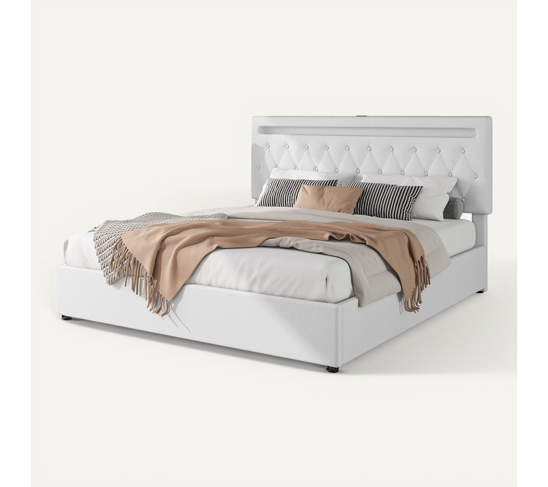 Lit Coffre Adulte 180x200cm Avec LED Et Charge USB, Sommier Relevable, Lin Blanc