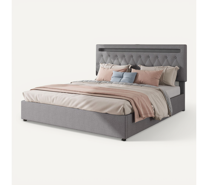 Lit Coffre Adulte 180x200cm Avec LED Et Charge USB, Sommier Relevable, Lin Gris
