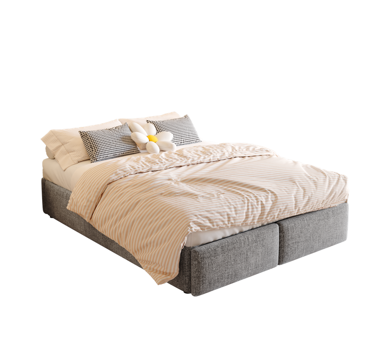 Lit Coffre Adulte 140x200cm Avec 2 Tiroirs, Grand Espace De Rangement Et Sommier, Lin Et Coton, Gris