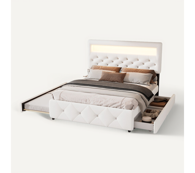 Lit Adulte LED 140x200cm Avec Lit Gigogne, 2 Tiroirs De Rangement Et Sommier, Lin, Blanc