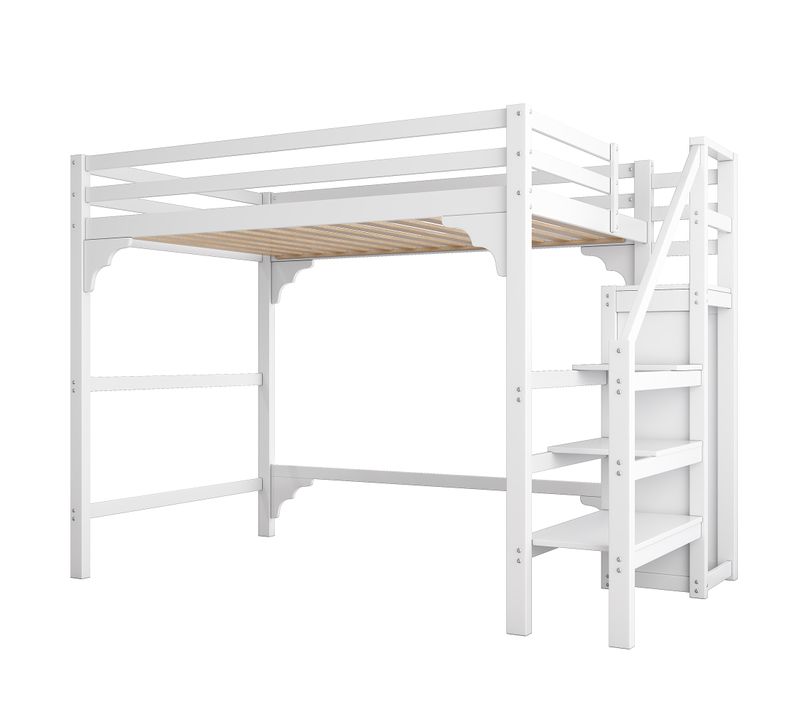 Lit Mezzanine Double 140x200 En Pin Blanc, Escalier, Armoire De Rangement Et Espace Modulable
