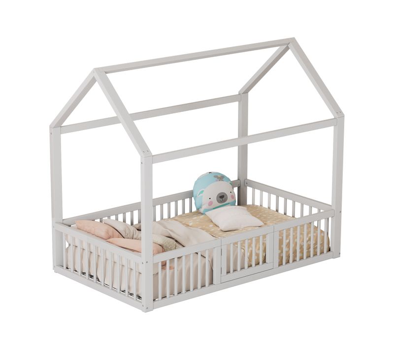 Lit Cabane Enfant 90x200cm En Pin Blanc, Lit Bas Avec Petite Porte, Barrières Et Sommier