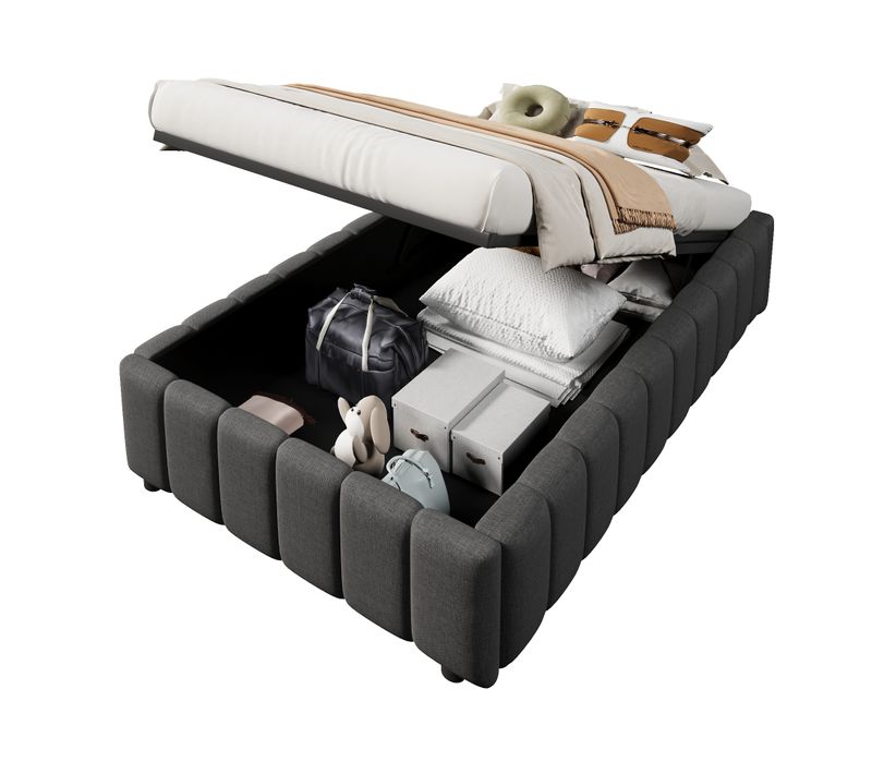 Lit Coffre Enfant 90x200cm En Lin Gris, Lit Simple Avec Rangement Et Sommier