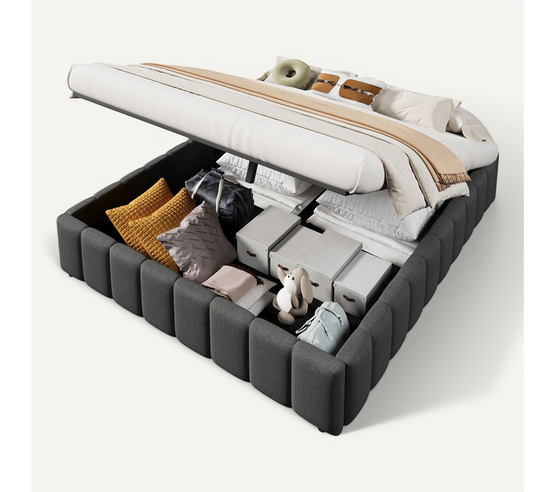 Lit Coffre Adulte 140x200cm En Lin Gris, Lit Double Avec Rangement Et Sommier