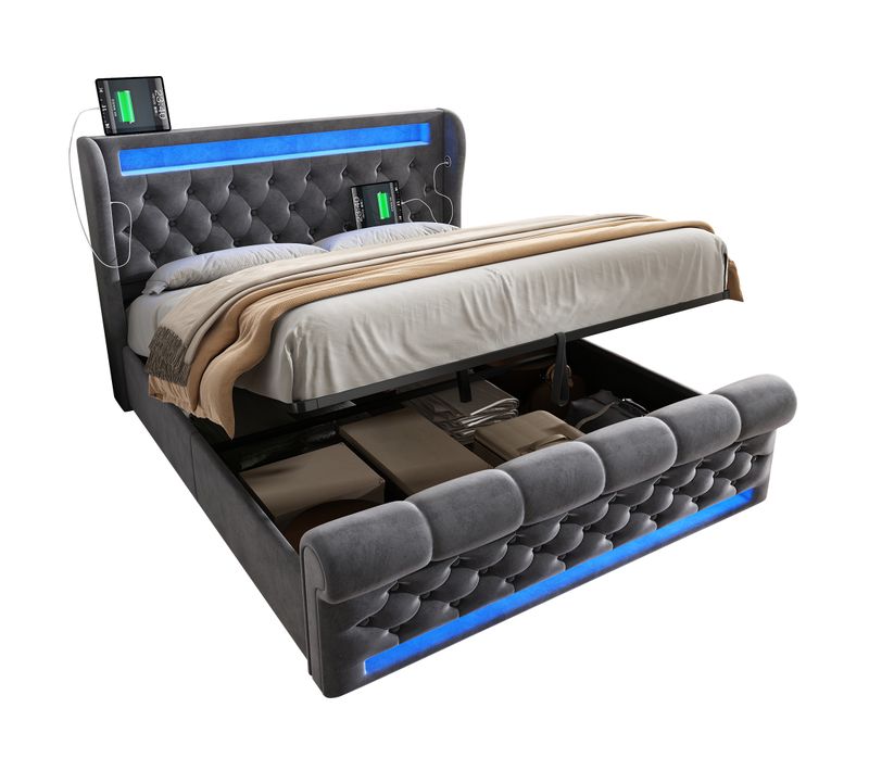 Lit Coffre LED 140x200cm Avec Sommier Et Rangement, Port USB,type-c, Velours, Gris