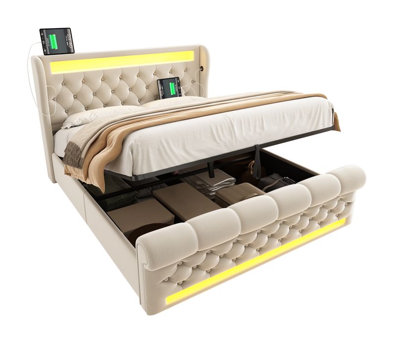 Lit Coffre Adulte 160x200cm Avec LED, USB-c Et Sommier Relevable, Velours, Beige