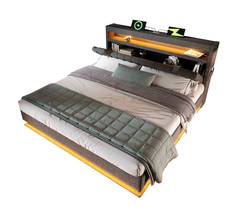 Lit Coffre 160x200cm 2 Places LED, Ports USB Et Tête De Lit De Rangement, Lin, Gris